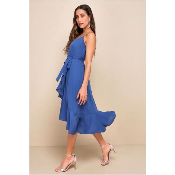 Lulu’s Manhattan Moment Blue Ruffled Midi Wrap Dress in Royal Blue Size Large - Picture 1 of 10